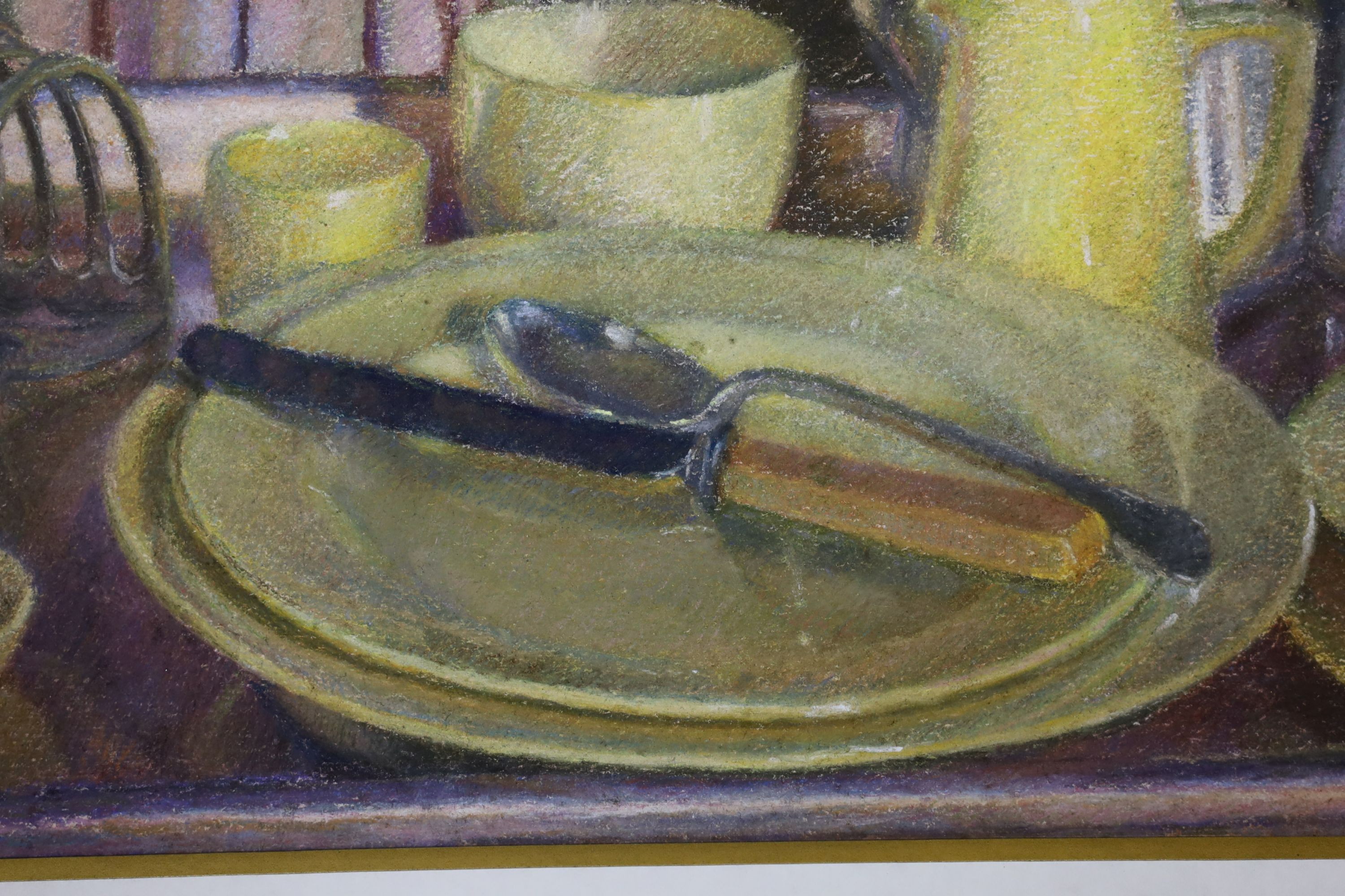 Hilda Carline (1889-1950), pastel, Breakfast table still life, 28 x 38cm